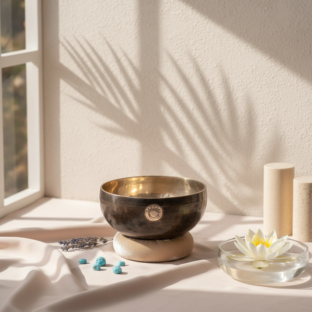 Hand-hammered Throat Chakra New Moon singing bowl tuned to G note resting on a stone base in a serene studio botanical scene with lotus flower, crystals, and soft sunlight shadows. — for Carpe Diem Dream