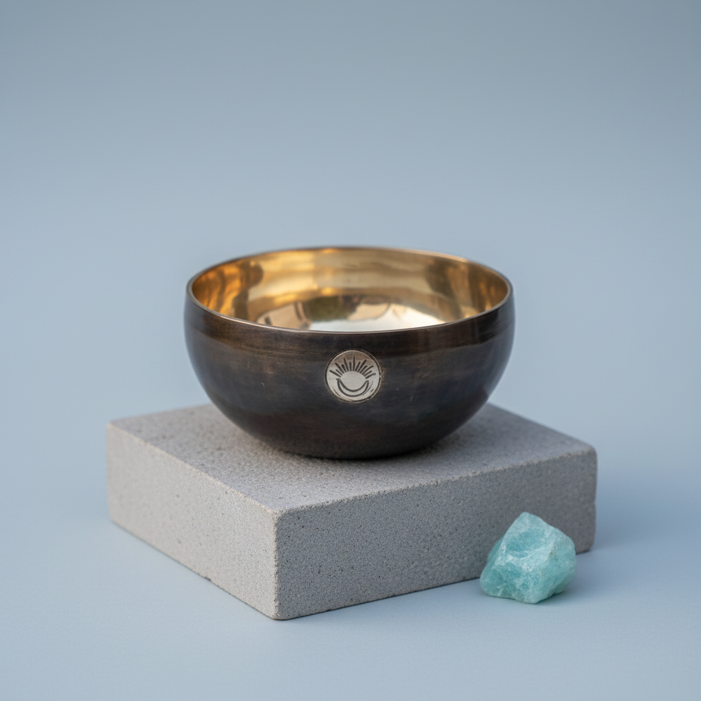 Hand-hammered Throat Chakra New Moon singing bowl tuned to G note displayed on a minimalist stone block with a small blue crystal in a clean studio setting. — for Carpe Diem Dream
