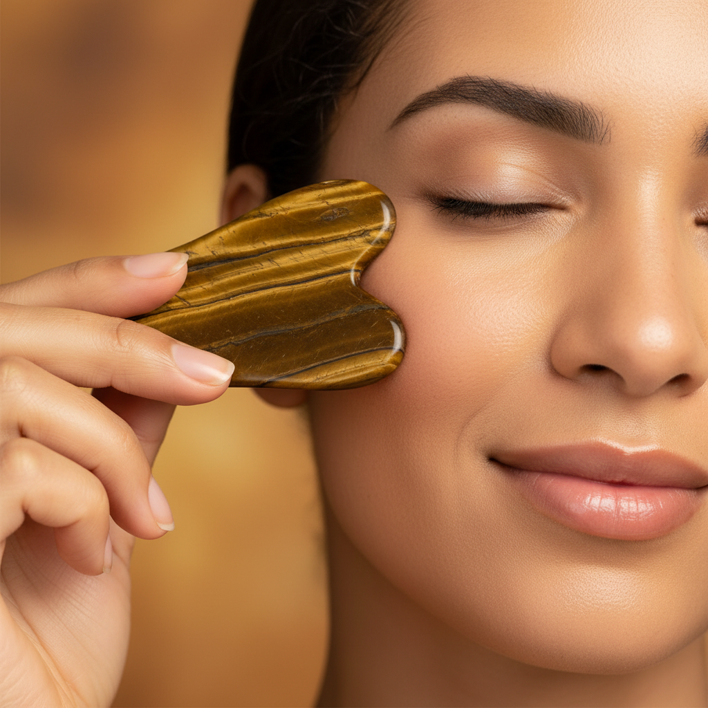 A woman gently using a tiger’s eye gua sha facial tool on her cheek with eyes closed in warm golden lighting. — for Carpe Diem Dream