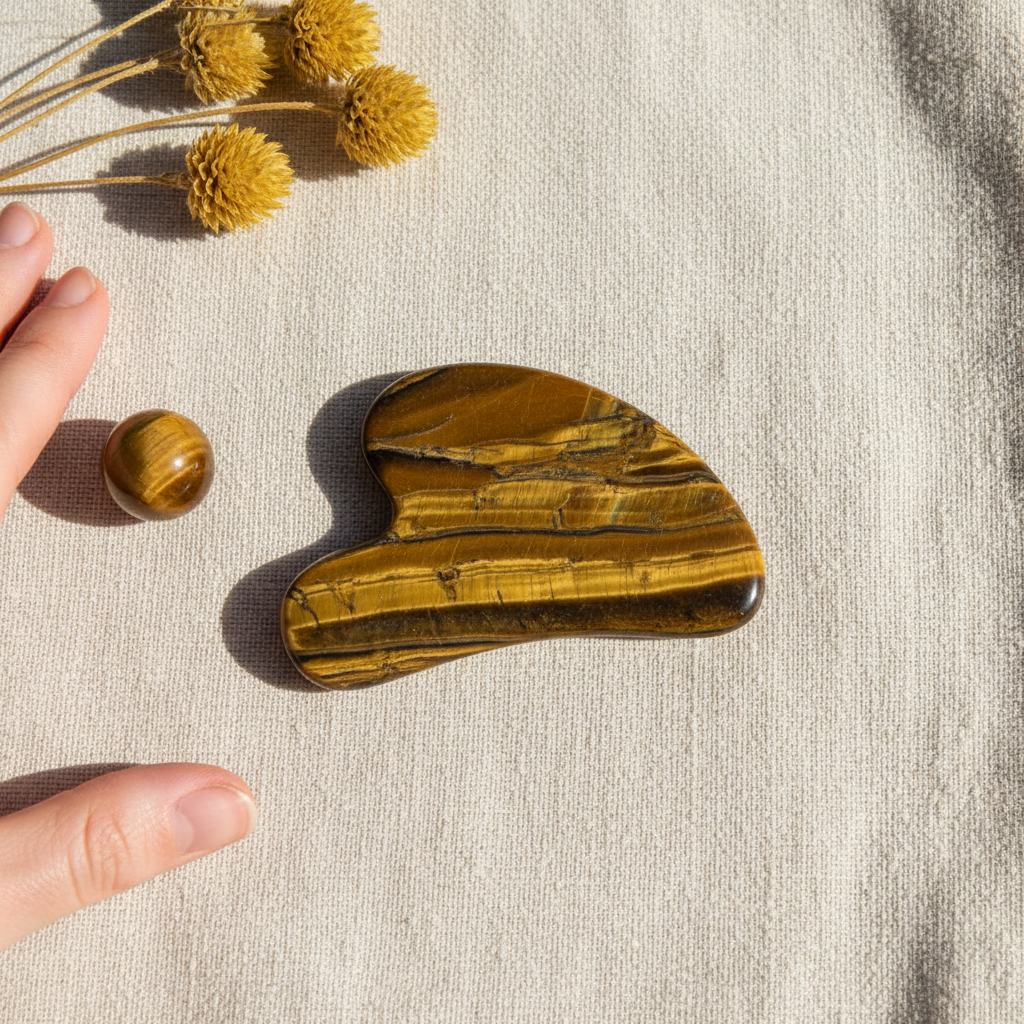 A tiger’s eye gua sha facial tool displayed on a soft neutral fabric with a hand nearby for scale and a small matching stone in warm natural light. — for Carpe Diem Dream