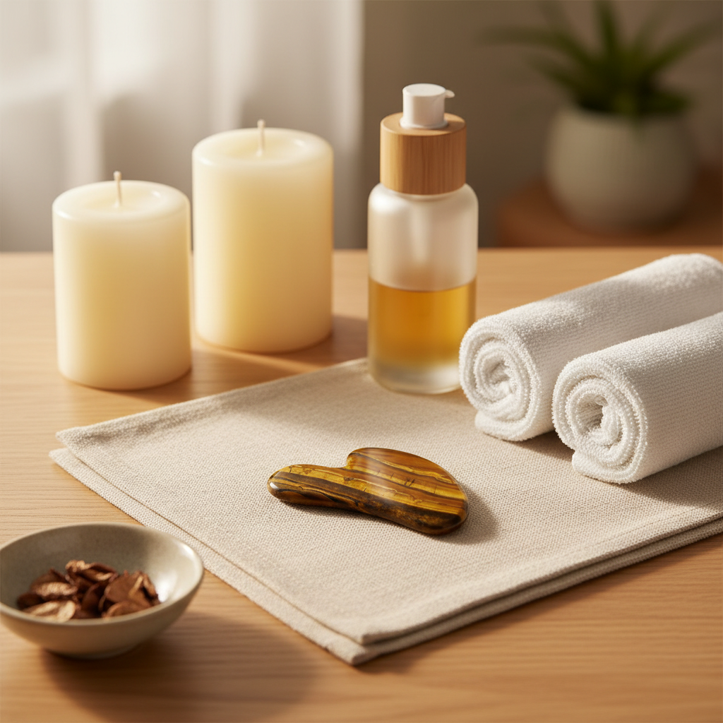 A tiger’s eye gua sha facial tool resting on folded towels beside candles and a skincare bottle in a warm spa setting. — for Carpe Diem Dream