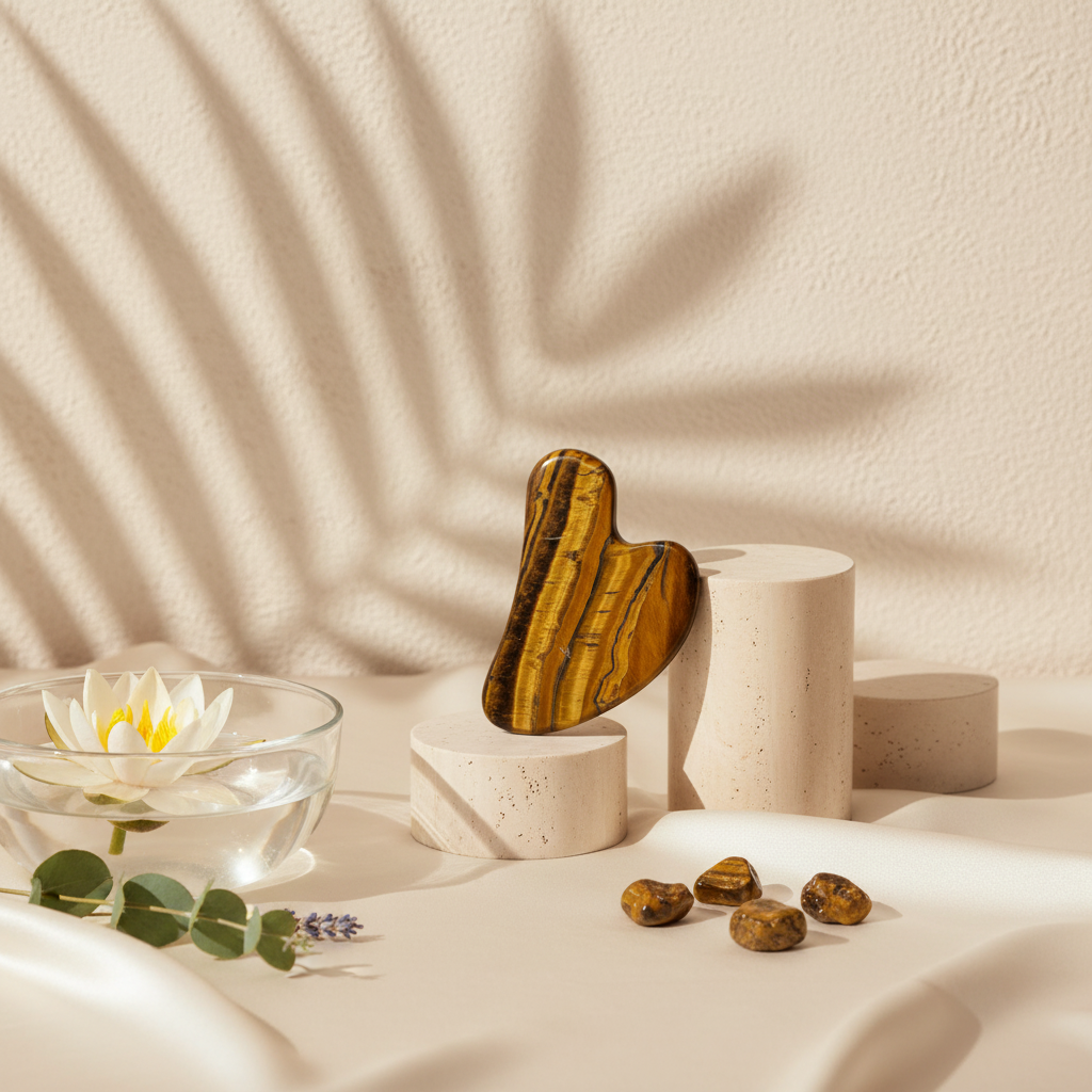 A tiger’s eye gua sha facial tool displayed on a soft neutral surface with stone pedestals, small stones, and botanical shadows in warm natural light. — for Carpe Diem Dream
