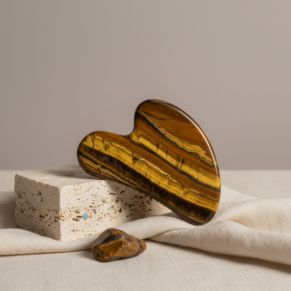 A tiger’s eye gua sha facial tool resting on a soft neutral fabric with a stone block and a small matching stone in warm natural light. — for Carpe Diem Dream