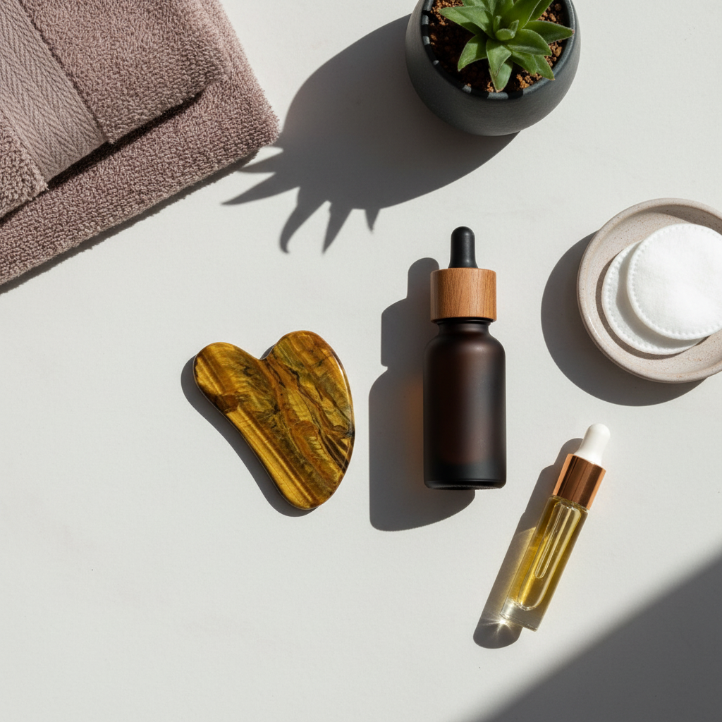 A tiger’s eye gua sha facial tool placed beside skincare bottles, cotton pads, and a folded towel in soft natural light on a clean surface. — for Carpe Diem Dream