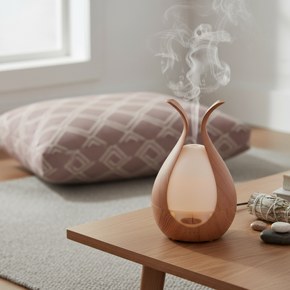 A walnut finish ultrasonic diffuser placed beside a meditation cushion in a bright white room with natural elements. — for Carpe Diem Dream