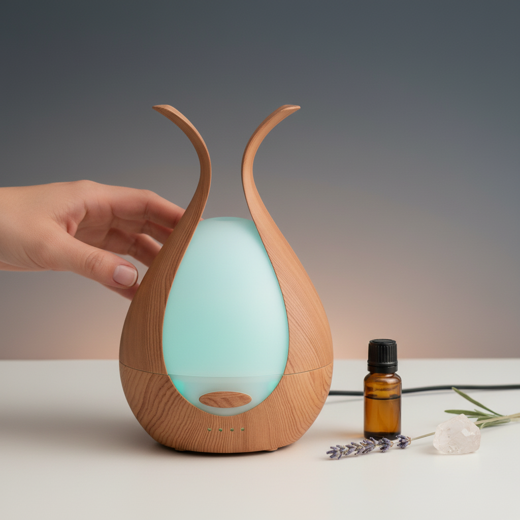 A walnut finish ultrasonic diffuser shown beside a hand on a neutral surface to indicate its size. — for Carpe Diem Dream