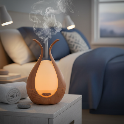 A walnut finish ultrasonic diffuser emitting mist beside a bed with blue and white linens and folded towels on a neutral surface. — for Carpe Diem Dream