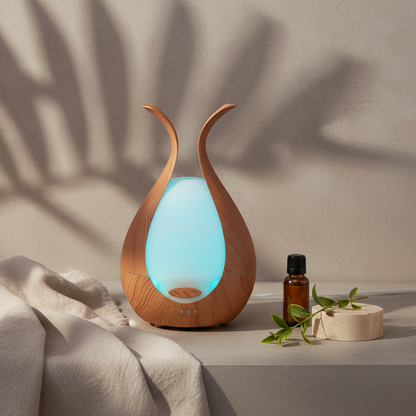 A walnut finish ultrasonic diffuser styled with a linen drape, travertine cylinder, and essential oil bottle with soft botanical shadows on a neutral wall. — for Carpe Diem Dream