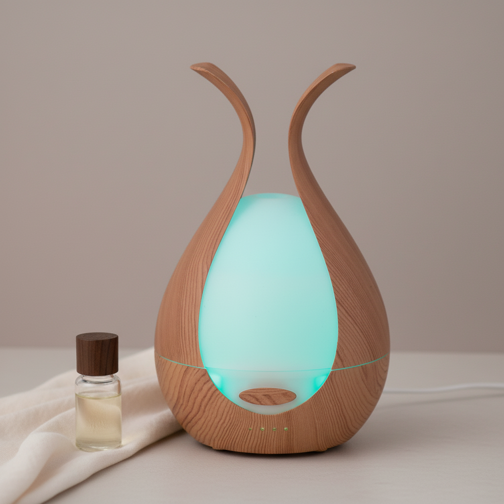 A walnut finish ultrasonic diffuser displayed on a soft neutral linen surface with clean minimal styling. — for Carpe Diem Dream