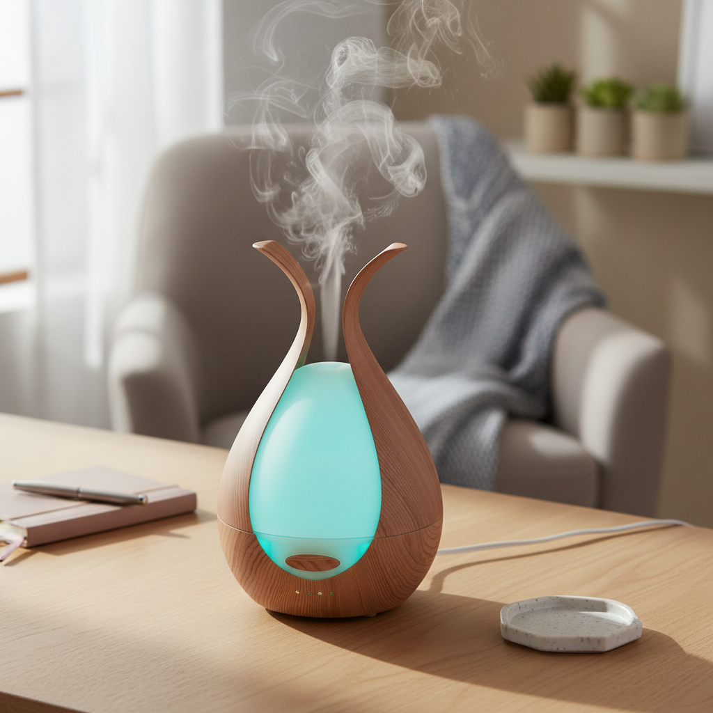 A walnut finish ultrasonic diffuser misting on a desk beside a chair with a draped blanket, journal, and soft window light through sheer curtains. — for Carpe Diem Dream