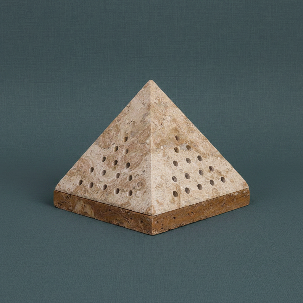 A close-up view of a beige travertine pyramid incense holder showing natural stone texture and perforated detailing on a muted teal surface. — for Carpe Diem Dream