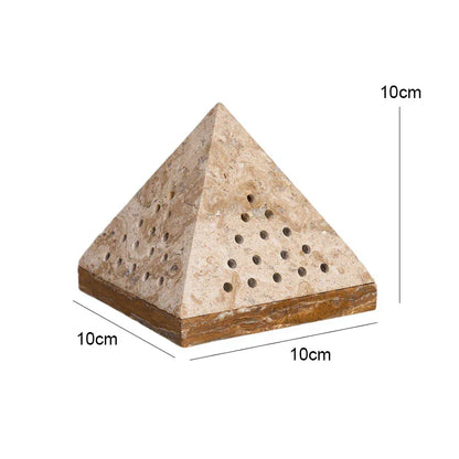 A beige travertine pyramid incense holder displayed with labeled dimensions showing 10cm height and width on a white background. — for Carpe Diem Dream