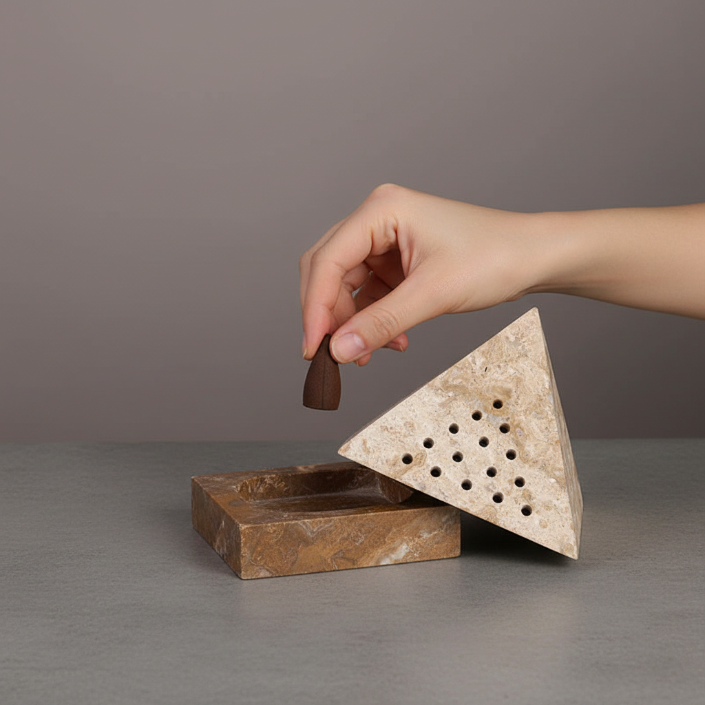 A beige travertine pyramid incense holder shown with the lid removed as a hand places incense inside on a neutral surface under soft lighting. — for Carpe Diem Dream