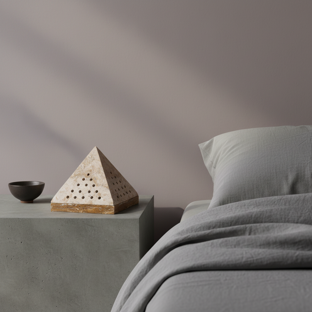A beige travertine pyramid incense holder styled on a bedside table next to soft bedding in a calm, neutral-toned bedroom setting. — for Carpe Diem Dream