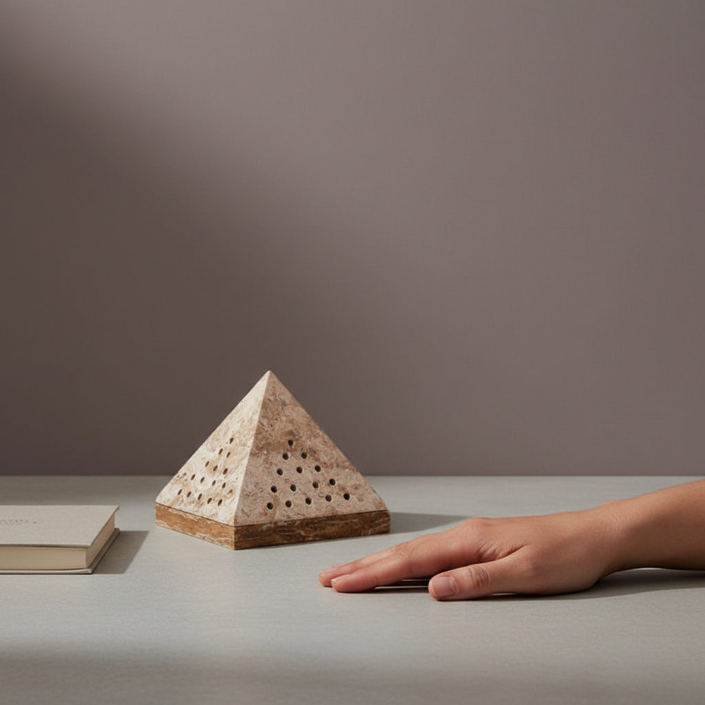A beige travertine pyramid incense holder displayed beside a hand to show scale on a neutral surface under soft natural lighting. — for Carpe Diem Dream
