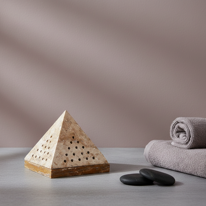 A beige travertine pyramid incense holder styled with rolled towels and smooth stones on a neutral surface in a calm, spa-inspired setting. — for Carpe Diem Dream