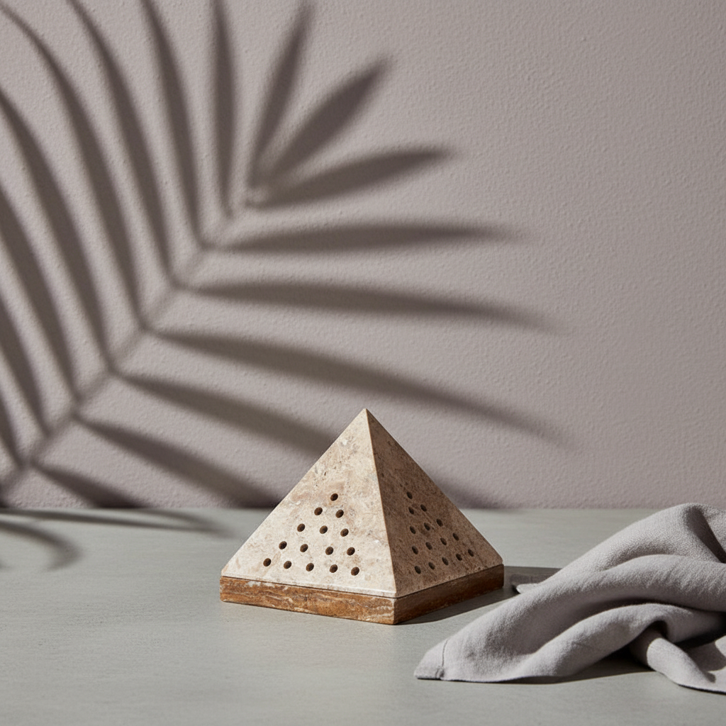 A beige travertine pyramid incense holder with perforated sides displayed on a soft neutral surface with draped fabric and botanical shadow lighting. — for Carpe Diem Dream