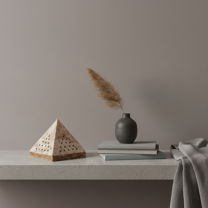 A beige travertine pyramid incense holder styled on a shelf with books, a ceramic vase, and soft draped fabric in a calm neutral setting. — for Carpe Diem Dream