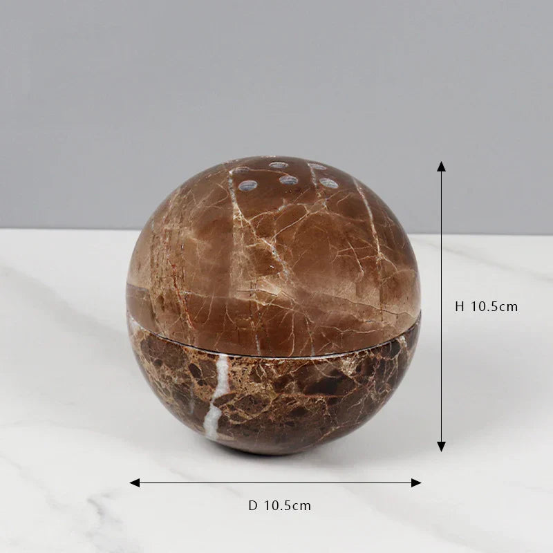 A brown travertine sphere incense burner displayed with size dimensions on a white background showing natural stone variation. — for Carpe Diem Dream