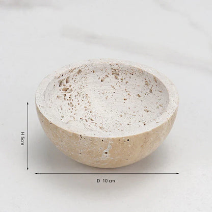 A travertine sphere incense burner shown open with interior bowl detail and size dimensions displayed on a white background. — for Carpe Diem Dream