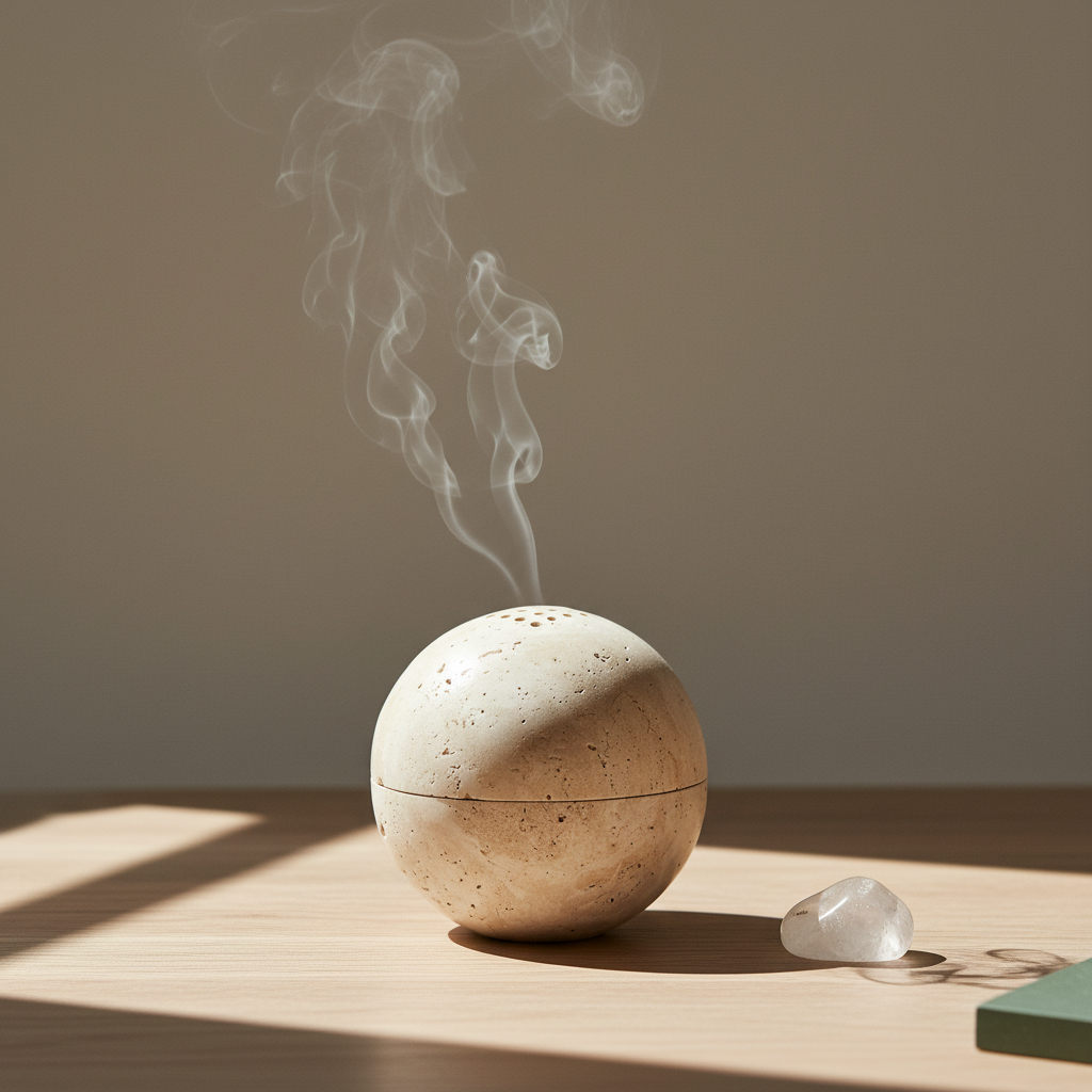 A travertine sphere incense burner releasing soft smoke on a wooden surface with warm natural lighting and a small crystal nearby. — for Carpe Diem Dream