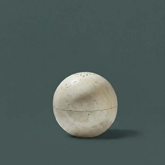A travertine sphere incense burner displayed against a muted teal background with soft natural lighting. — for Carpe Diem Dream