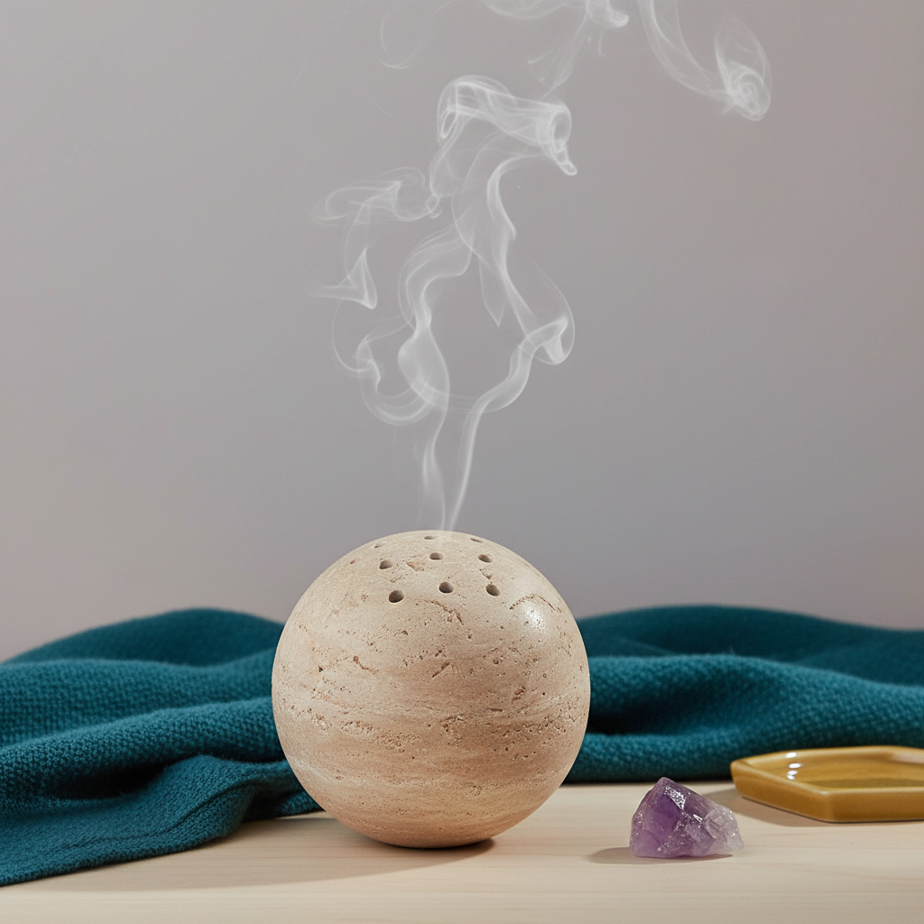 A travertine sphere incense burner releasing soft smoke on a neutral surface with teal fabric and small crystals in a calm meditation setting. — for Carpe Diem Dream