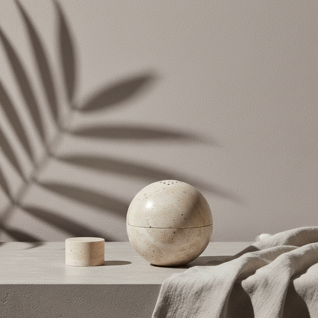 A travertine sphere incense burner displayed on a neutral surface with soft fabric and a botanical shadow in the background. — for Carpe Diem Dream