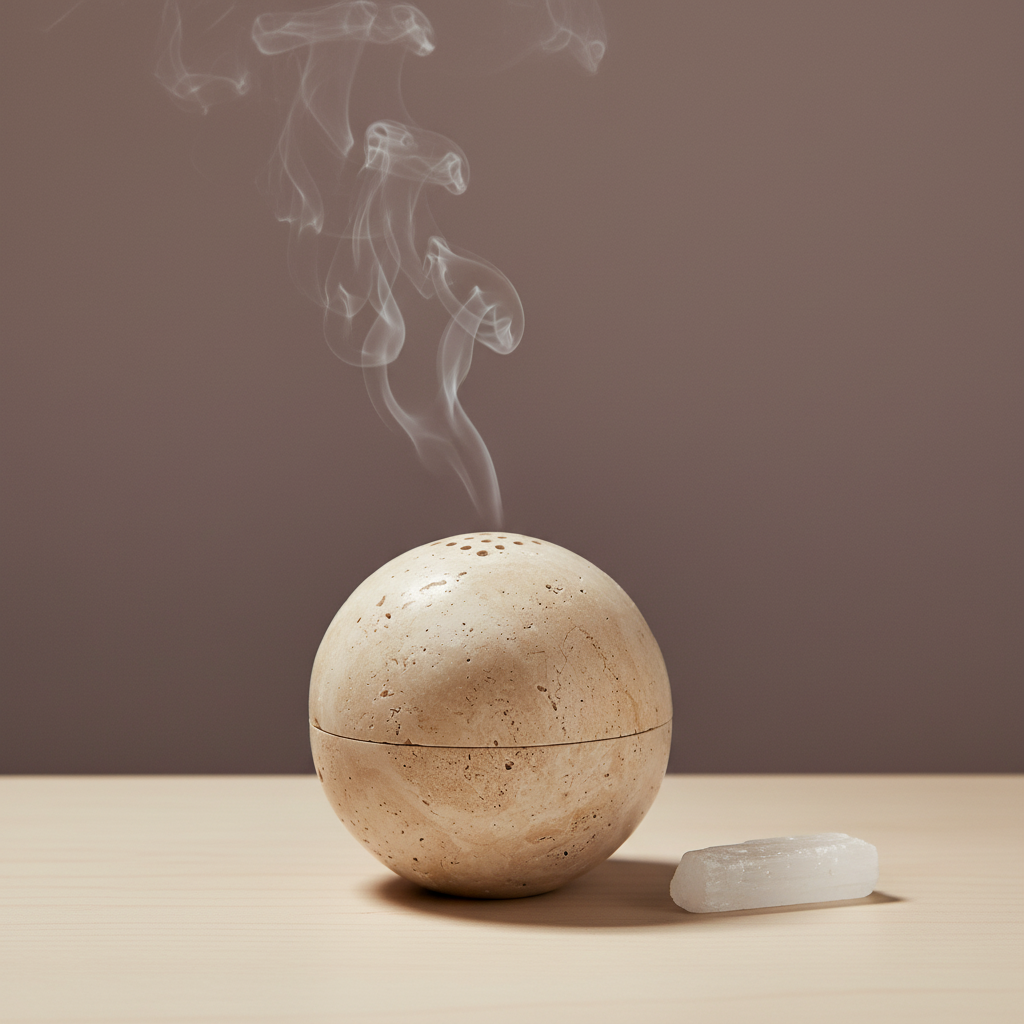 A travertine sphere incense burner releasing soft smoke on a neutral surface with a minimal background and a small selenite stone nearby. — for Carpe Diem Dream