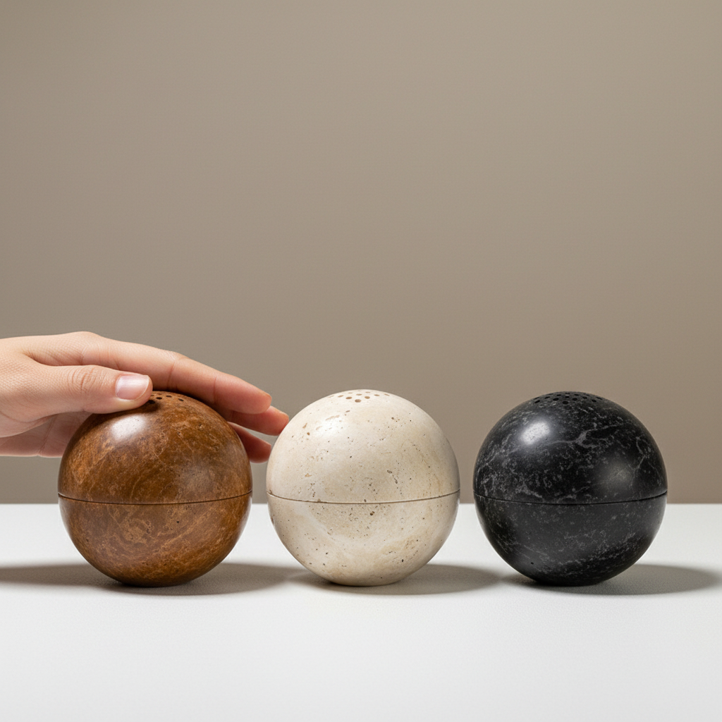 Three travertine sphere incense burners in beige, brown, and black displayed side by side to show color variations. — for Carpe Diem Dream