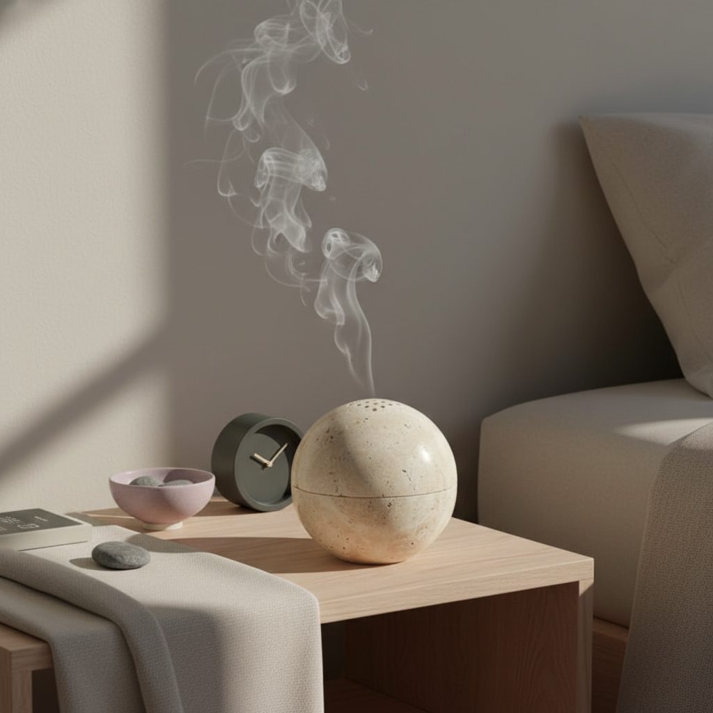 A travertine sphere incense burner releasing soft smoke on a wooden table beside a sofa and decor in a calm, lived-in home setting. — for Carpe Diem Dream