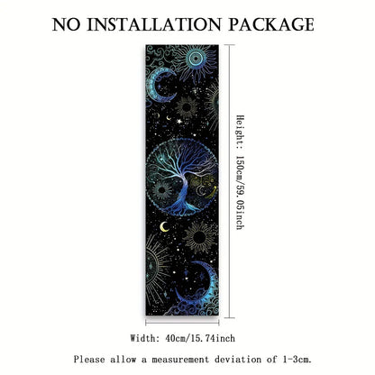 Tree of life celestial banner tapestry supplier image showing moon and cosmic design with labeled dimensions of 59.06 inches height and 15.74 inches width on a white background. — for Carpe Diem Dream