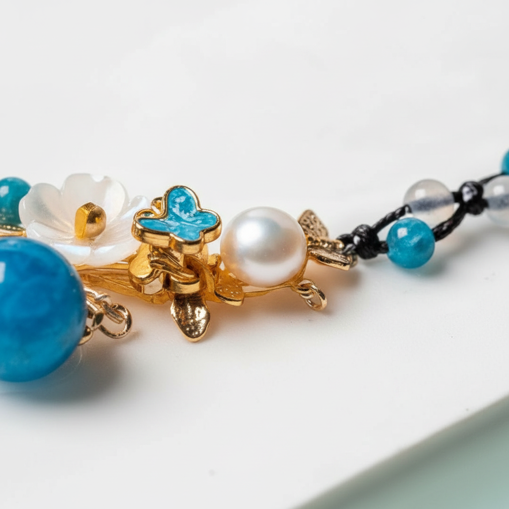 Crystal anklet with pearl, moonstone, and apatite displayed in a detailed close-up view with soft natural lighting on a neutral surface. — for Carpe Diem Dream