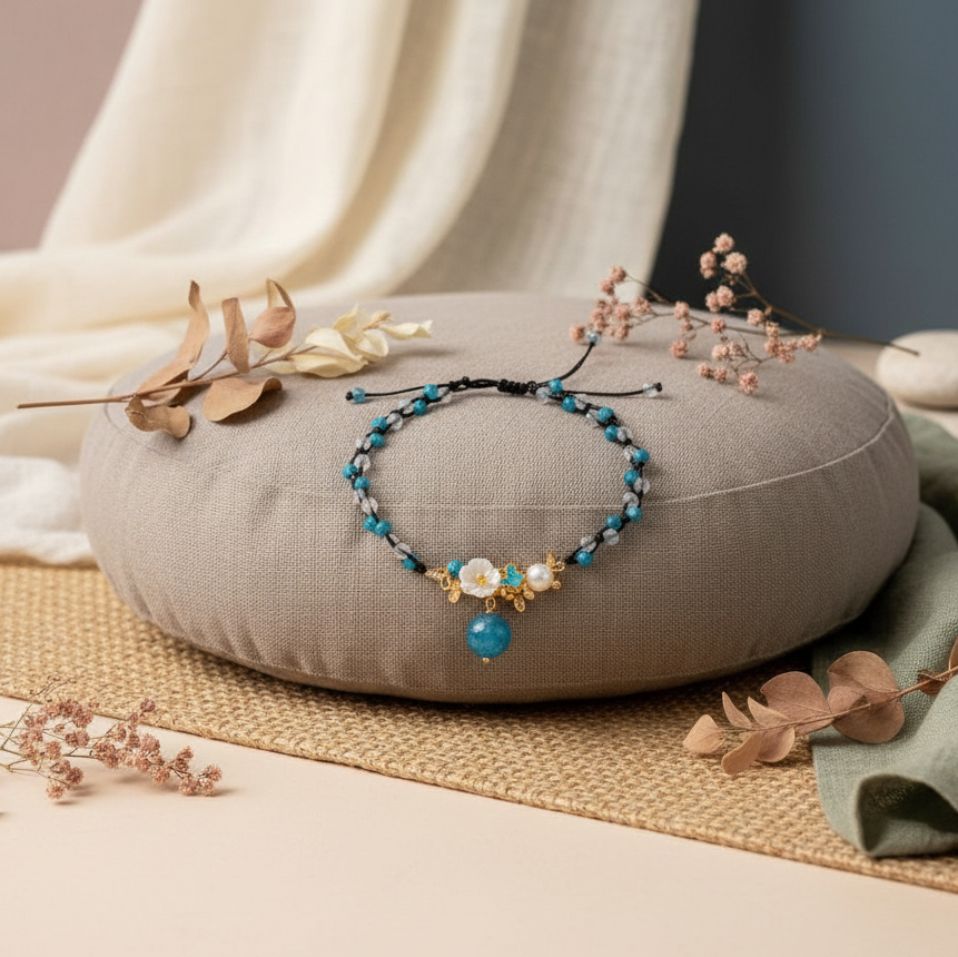 Crystal anklet with pearl, moonstone, and apatite displayed on a neutral meditation cushion with soft natural lighting. — for Carpe Diem Dream