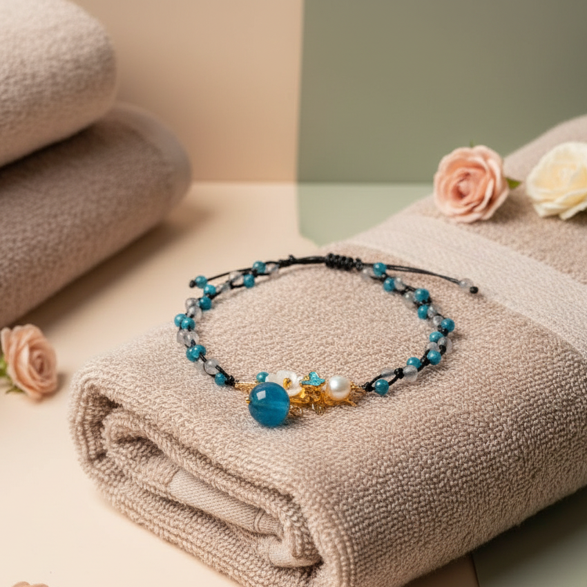 Crystal anklet with pearl, moonstone, and apatite displayed on a neutral meditation cushion with soft natural lighting. — for Carpe Diem Dream
