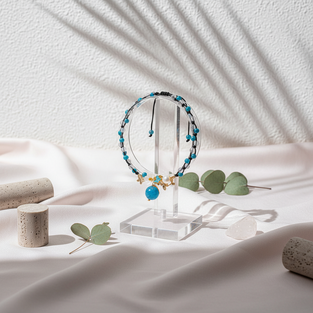 Crystal anklet with pearl, moonstone, and apatite displayed in a botanical studio scene on soft draped fabric with natural lighting and dried greenery. — for Carpe Diem Dream