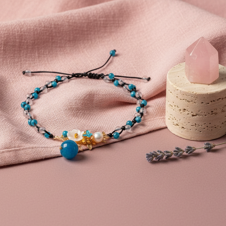 Crystal anklet with pearl, moonstone, and apatite displayed on a neutral cushion with rose quartz and soft draping under natural lighting. — for Carpe Diem Dream