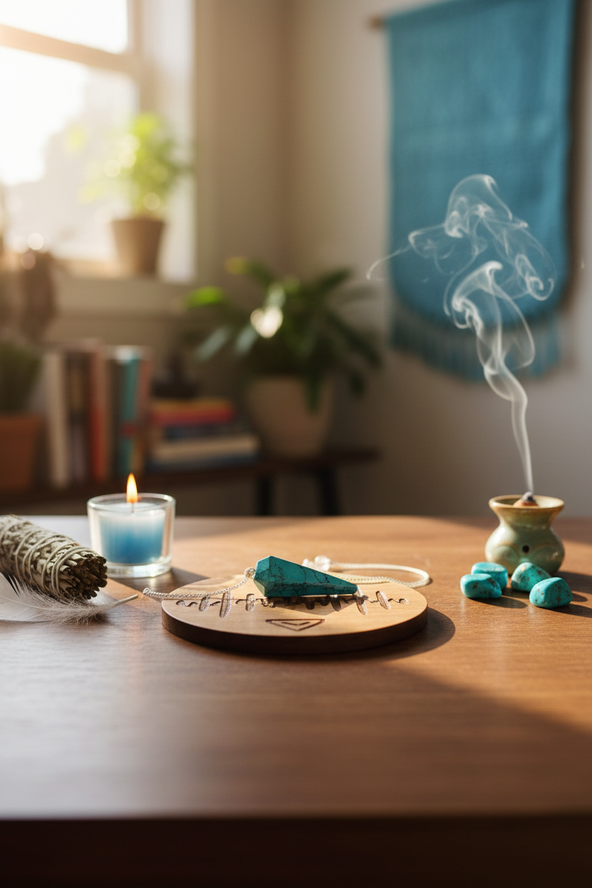 Turquoise crystal pendulum displayed in a tranquil altar setting with blue candle, incense smoke, crystals, and sunlight filtering through the window – for Carpe Diem Dream.