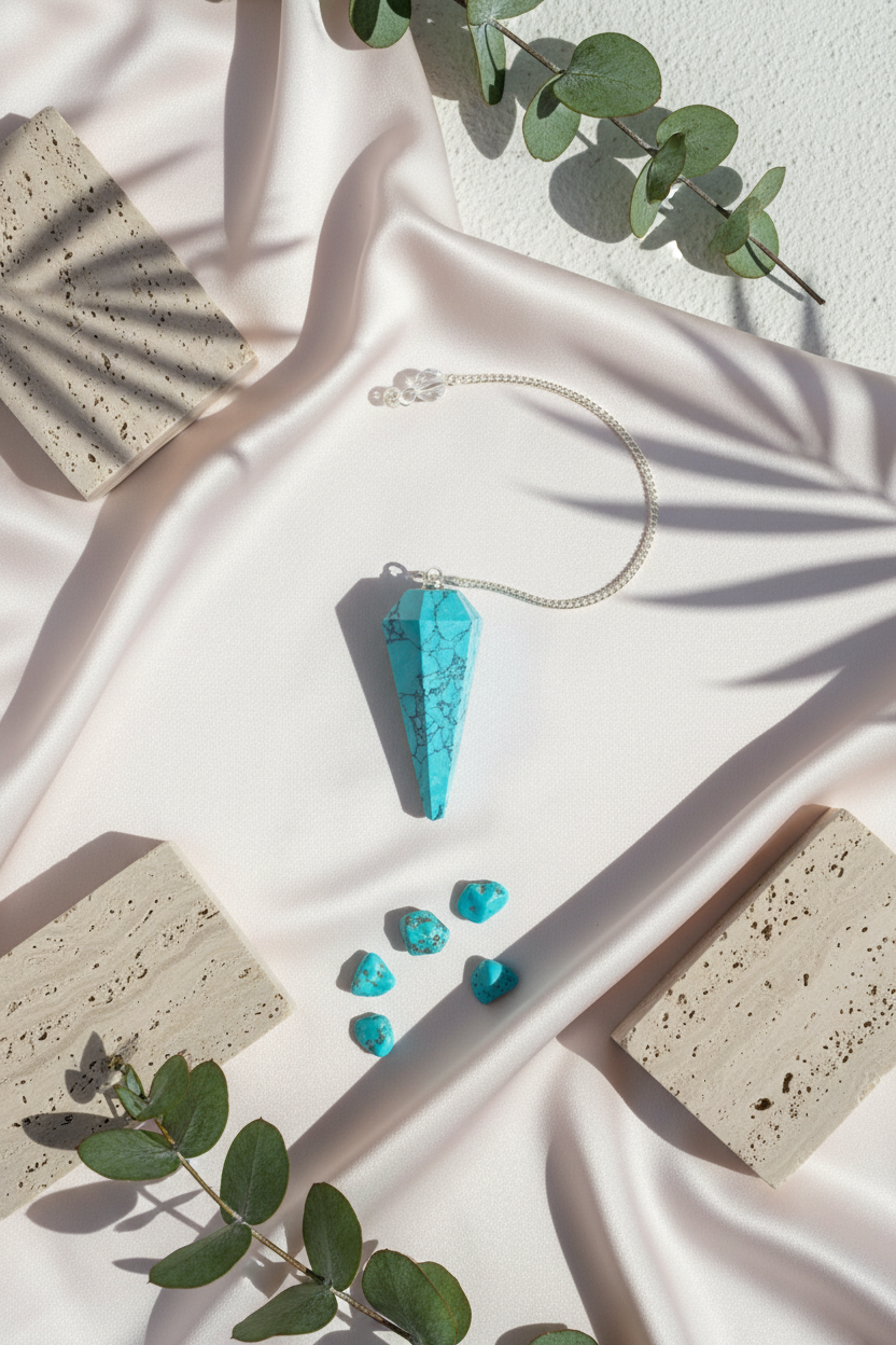 Turquoise crystal pendulum displayed on soft ivory silk with travertine tiles, eucalyptus sprigs, and natural sunlight highlighting the stone’s blue hues – for Carpe Diem Dream.