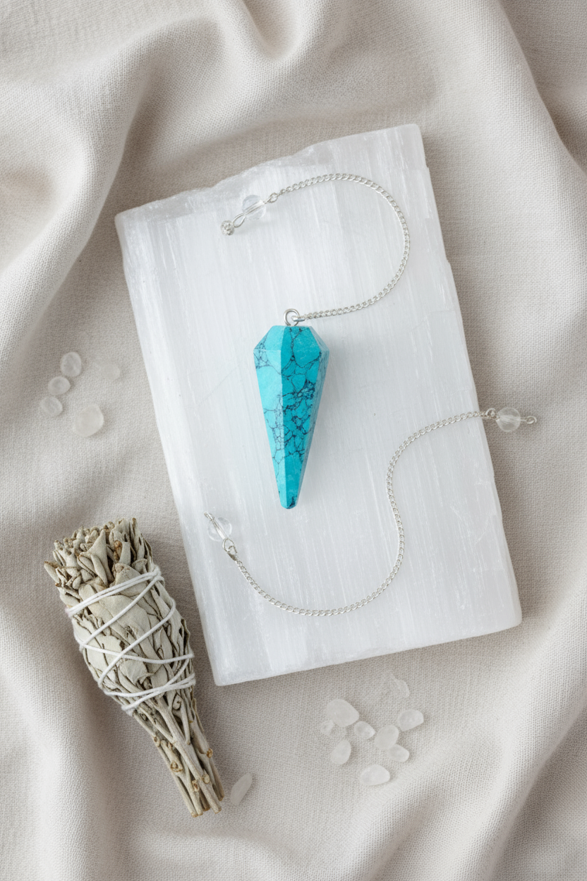 Turquoise crystal pendulum resting on a selenite slab beside a white sage bundle and clear quartz pieces on a soft linen surface – for Carpe Diem Dream.
