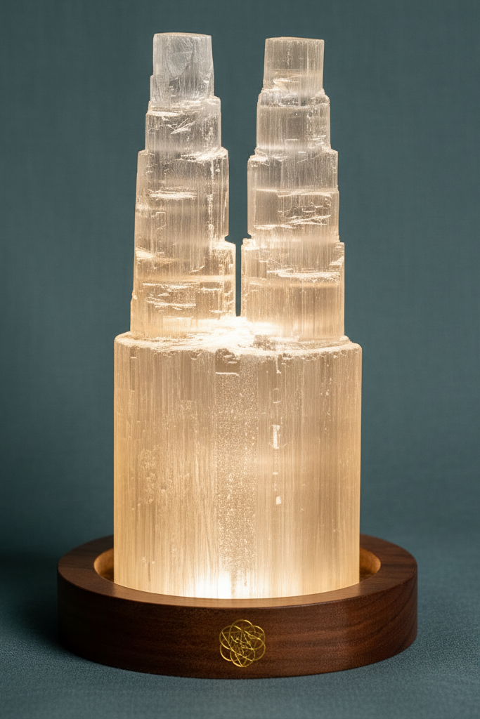 Close-up of a glowing two tower selenite crystal lamp showing layered tower detail on a round wooden base. — for Carpe Diem Dream