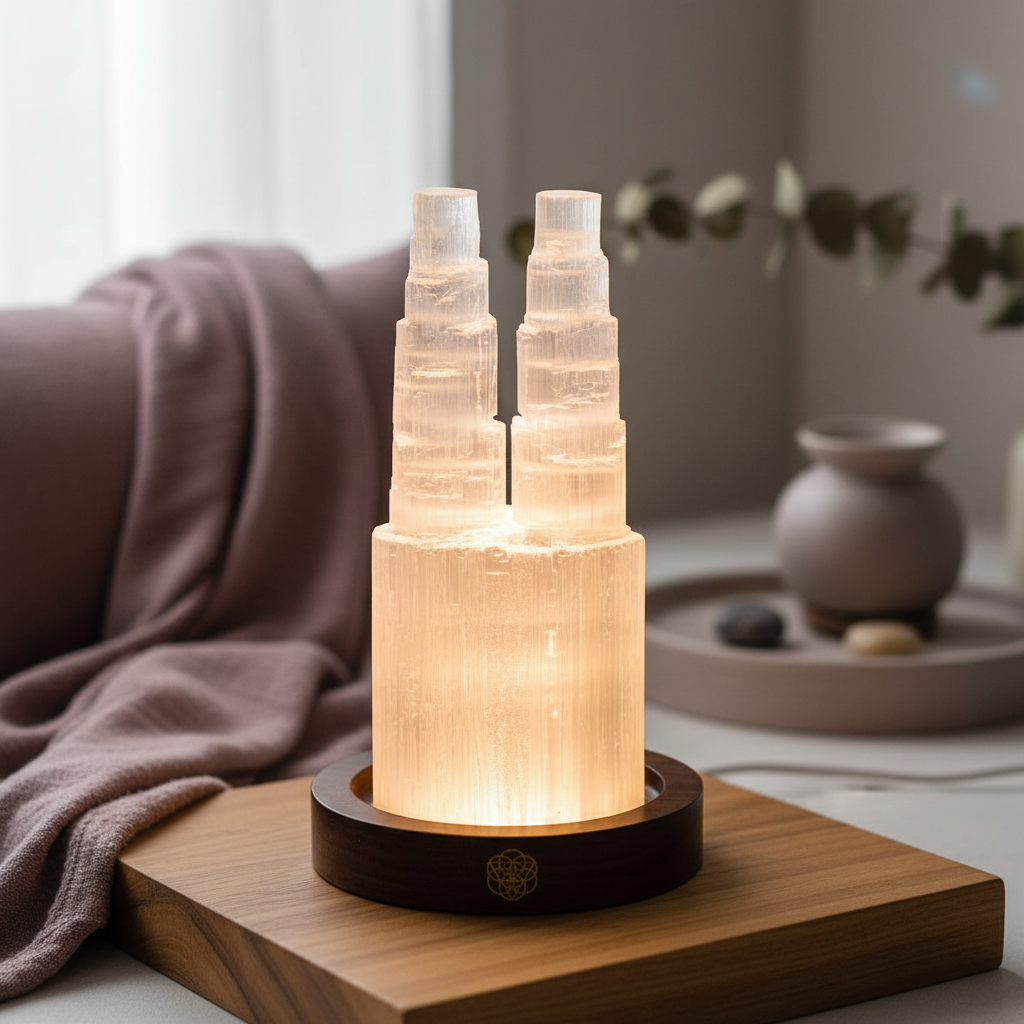 Two tower selenite crystal lamp glowing on a wooden base in a calm home setting with fabric and décor accents. — for Carpe Diem Dream