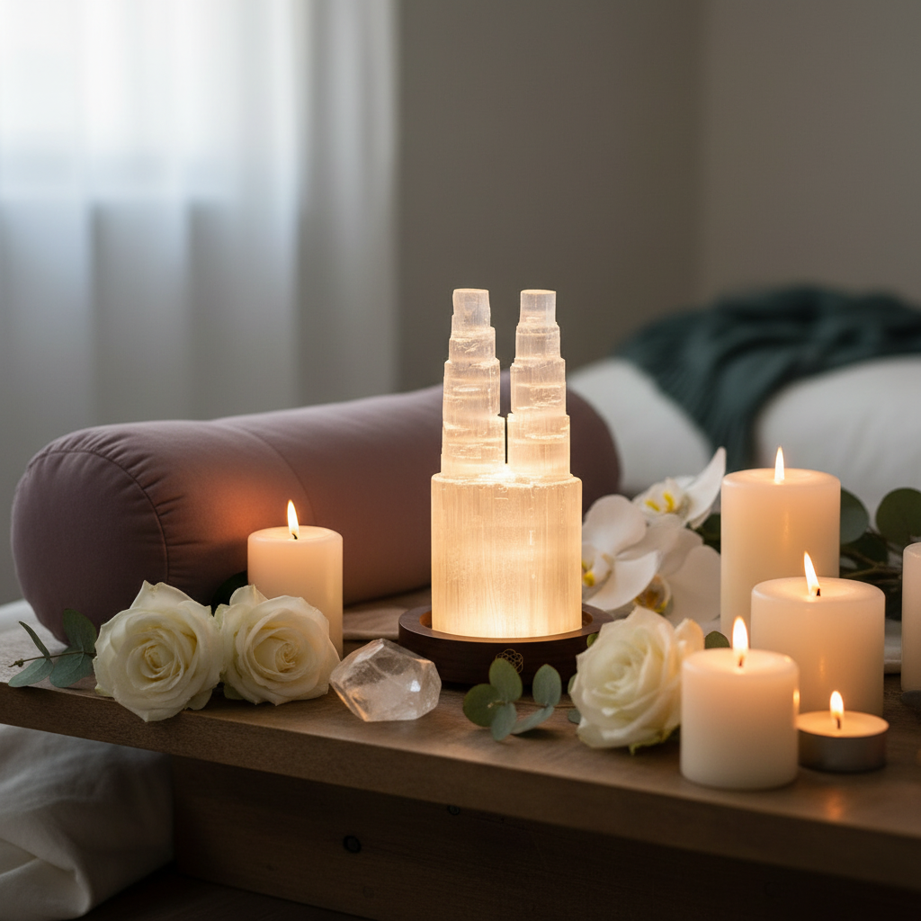 Two tower selenite crystal lamp glowing on a wooden base in a meditation setting with candles, roses, and crystal accents. — for Carpe Diem Dream