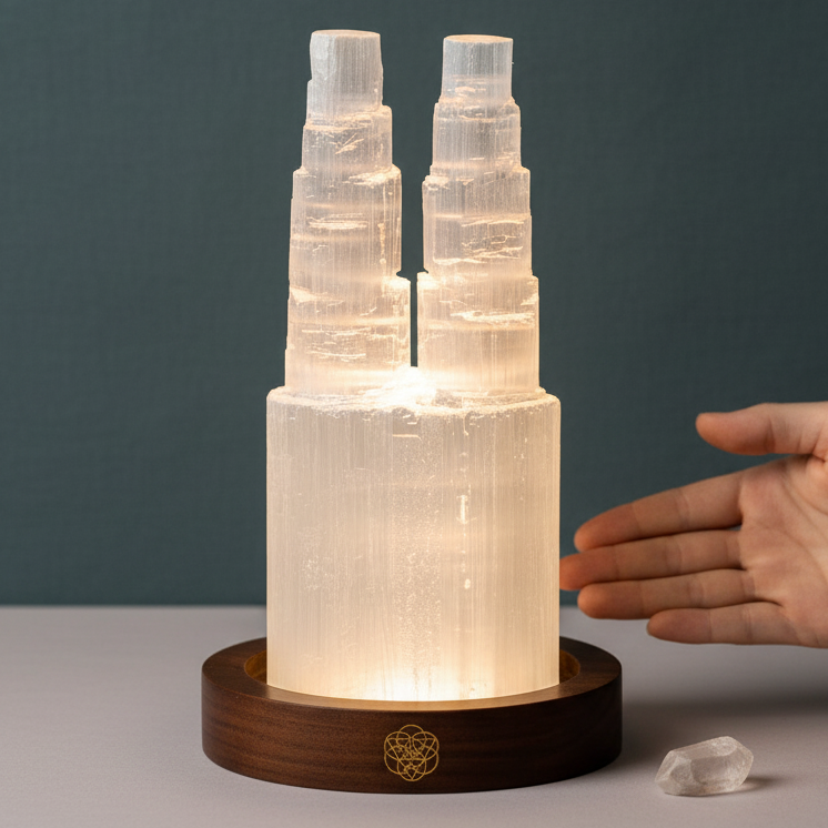 Two tower selenite crystal lamp glowing on a round wooden base with a hand beside it for size reference. — for Carpe Diem Dream