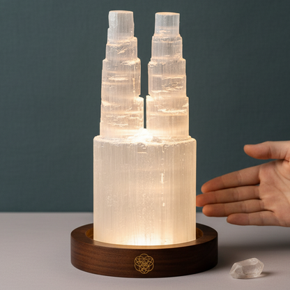 Two tower selenite crystal lamp glowing on a round wooden base with a hand beside it for size reference. — for Carpe Diem Dream