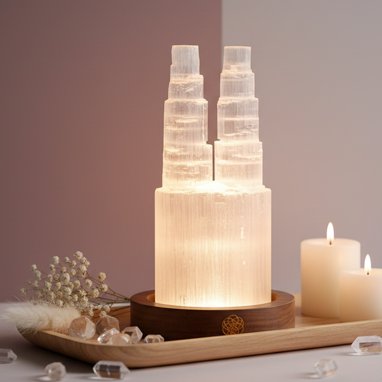 Two tower selenite crystal lamp glowing on a wooden base in a spa-style setting with candles, crystals, and soft décor accents. — for Carpe Diem Dream