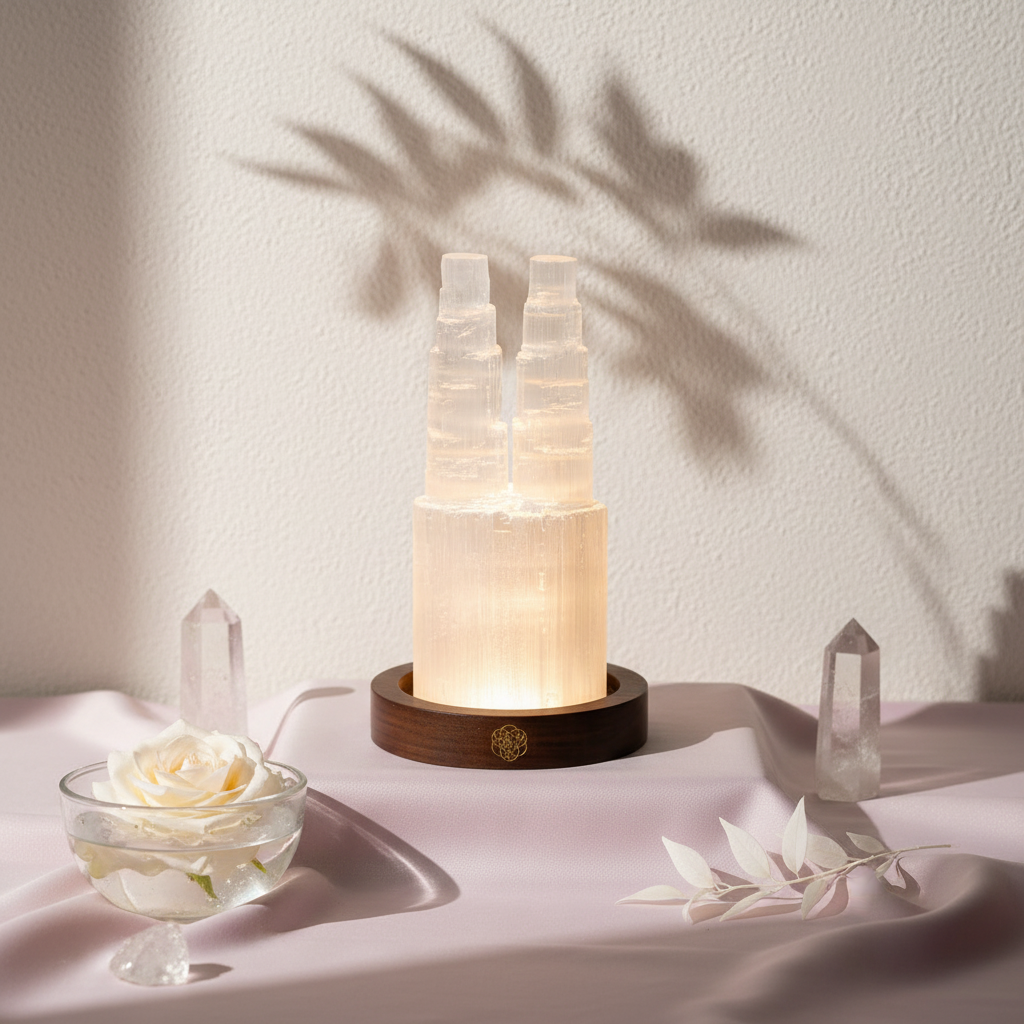 Two tower selenite crystal lamp glowing on a wooden base in a soft botanical studio setting with crystal points and white flowers. — for Carpe Diem Dream