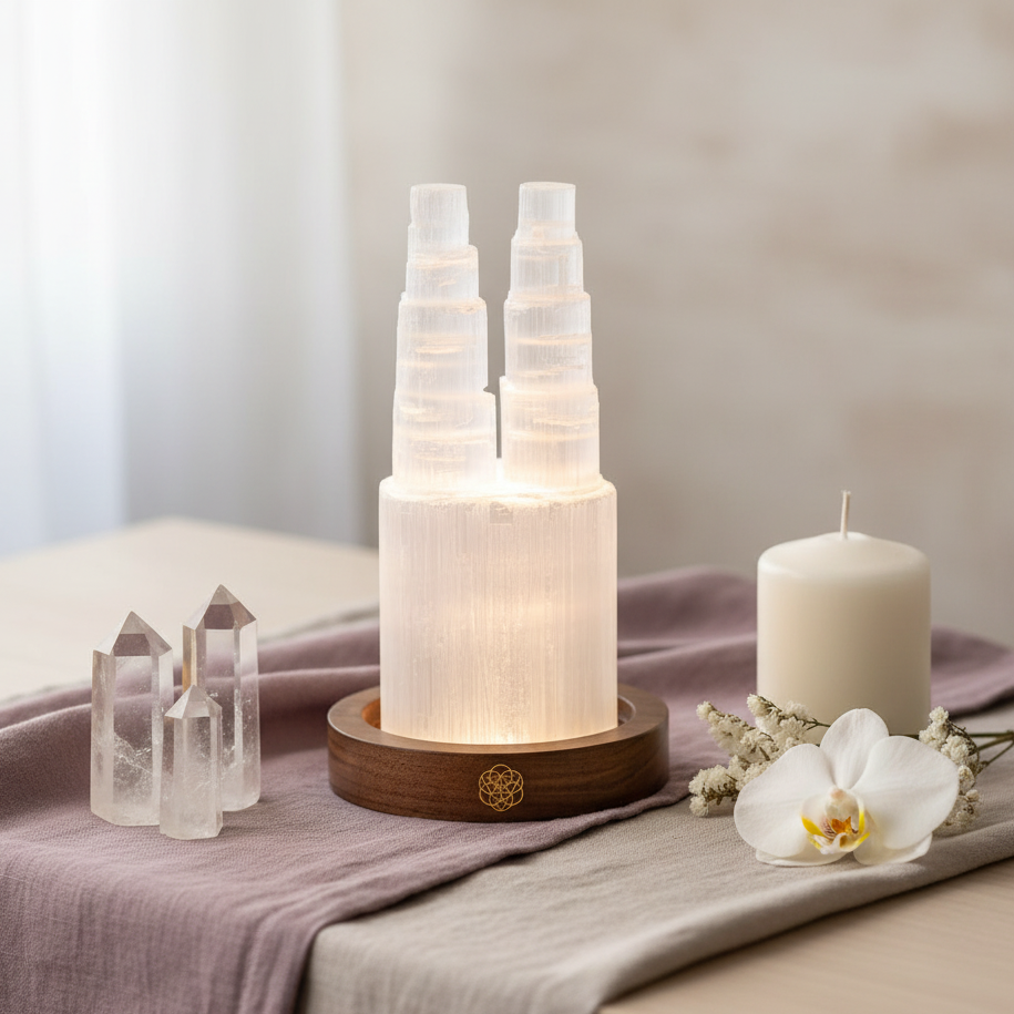 Two tower selenite crystal lamp glowing on a round wooden base with quartz points, candle, and white flower in a soft studio setting. — for Carpe Diem Dream