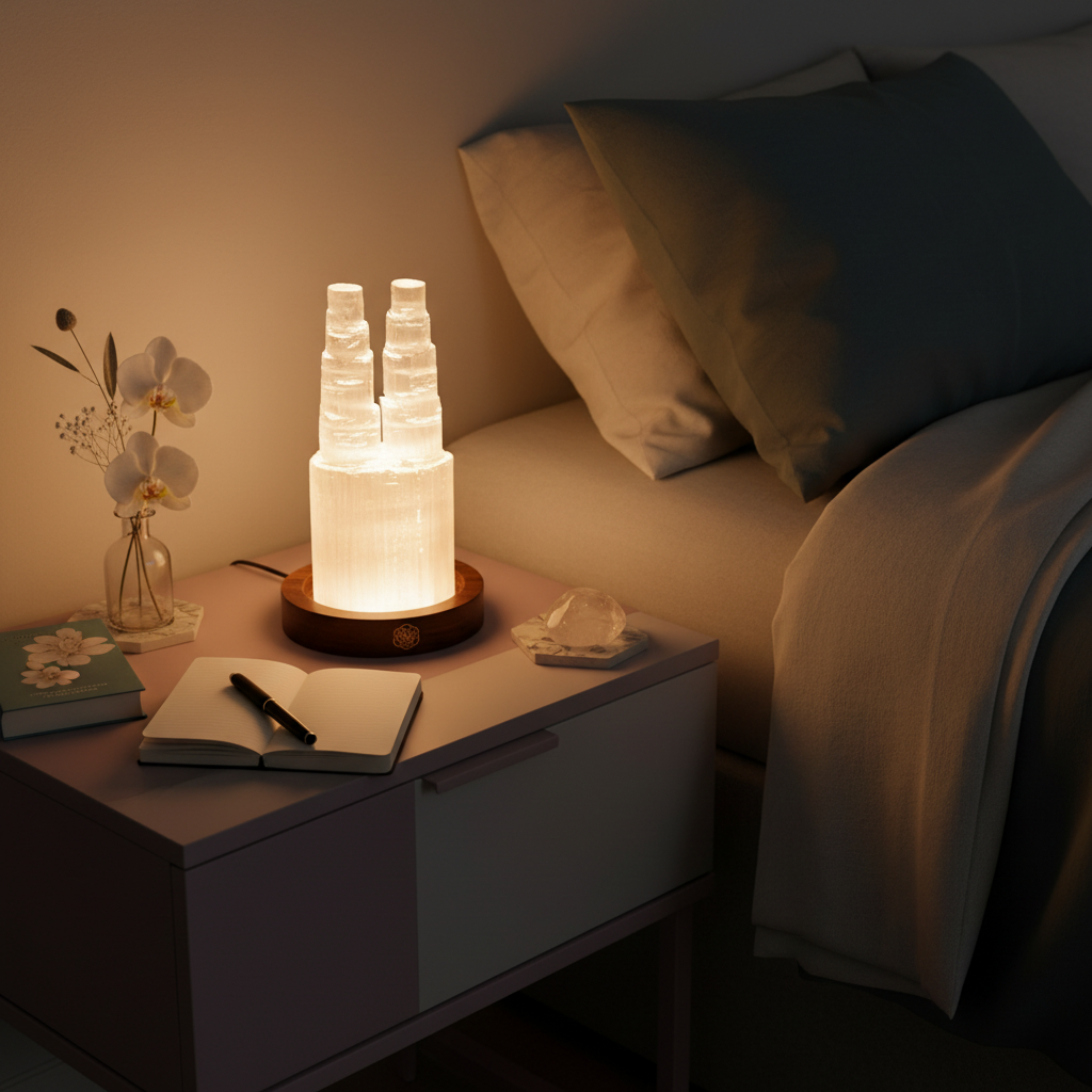 Two tower selenite crystal lamp glowing on a bedside table next to a notebook, crystal, and orchid in a nighttime bedroom setting. — for Carpe Diem Dream
