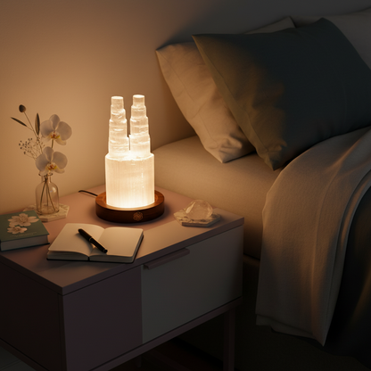 Two tower selenite crystal lamp glowing on a bedside table next to a notebook, crystal, and orchid in a nighttime bedroom setting. — for Carpe Diem Dream